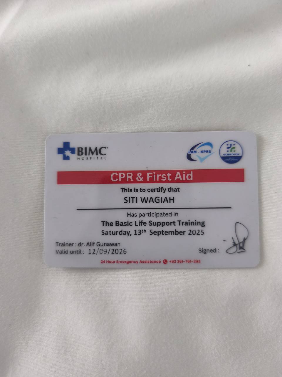 Siti's CPR & First Aid certificate from BIMC Hospital, Bali